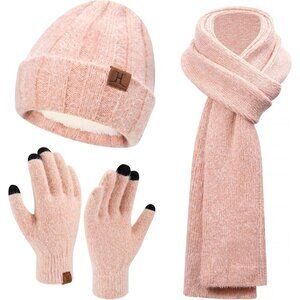 Women's Pink Warm Knit Beanie Hat Touchscreen Gloves Long Neck Scarf Set